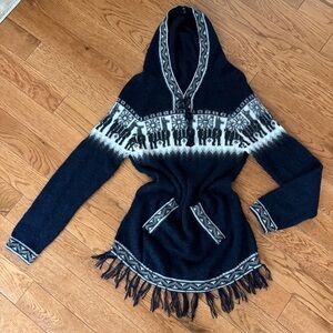 Navy and White Hooded Fringed Pullover Sweater with Fair Isle Detail